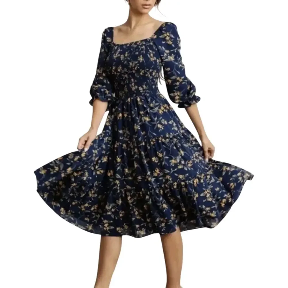 Baltic Born Marta Dress Bohemian Romance Wuthering Heights Floral Midi 1XL Navy - Picture 1 of 16